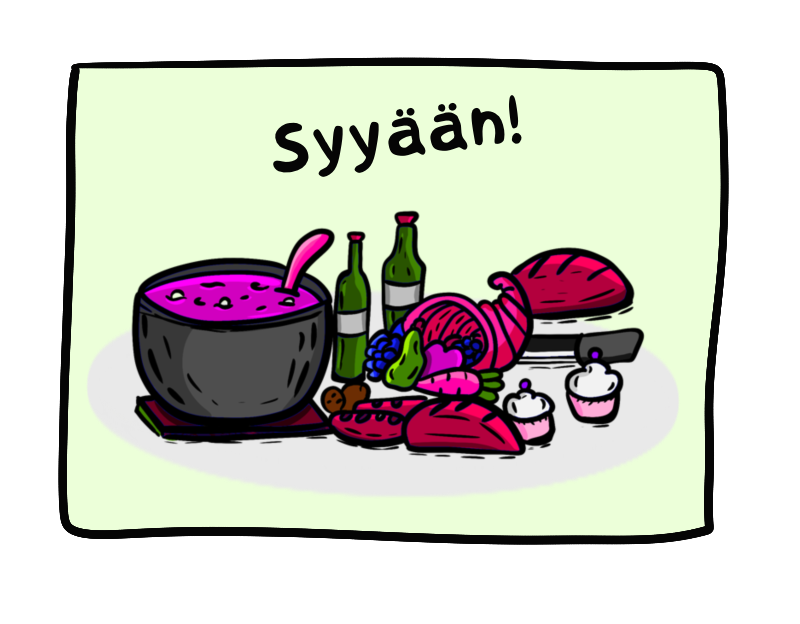 Syyään! Kuva ruokapöydästä jossa pata, pulloja runsaudensarvi, leipää, leivoksia.